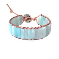 Gemstone Bracelets, ​Amazonite​, with leather cord & Zinc Alloy, silver color plated, fashion jewelry & Bohemian style & Unisex, light blue Approx 17 cm 