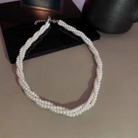 Plastic Pearl Necklace, with Iron, with 4cm extender chain, Round, silver color plated, fashion jewelry & multilayer & for woman, white Approx 44 cm [