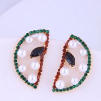 Zinc Alloy Stud Earring, with Rhinestone & Plastic Pearl, Dome, gold color plated, fashion jewelry & for woman & hollow, mixed colors [
