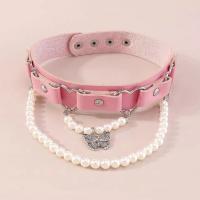 Collar Necklace, PU Leather, with Plastic Pearl & Iron, with 4.5cm extender chain, Butterfly, silver color plated, Double Layer & fashion jewelry & for woman, pink, 23mm Approx 35 cm [