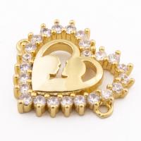 Pendentifs en strass argent , Argent sterling 925, coeur, Placage de couleur d'or, DIY & pavé de micro zircon & double trou Environ 1mm, Vendu par PC[