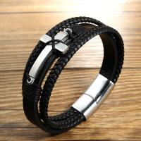 PU Leather Cord Bracelets, with 304 Stainless Steel, Cross, three layers & fashion jewelry & for man Approx 8.27 Inch 