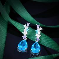 Boucle d'oreille goutte laiton strass, larme, Placage de couleur platine, bijoux de mode & pour femme & avec strass, bleu Vendu par paire[