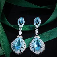 Rhinestone Brass Drop Earring, Feather, platinum color plated, fashion jewelry & for woman & with rhinestone, skyblue [
