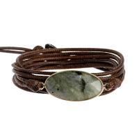 Gemstone Bracelets, Labradorite, with Wax Cord & Brass & Zinc Alloy, plated, fashion jewelry & multilayer & Unisex, grey Approx 85 cm 