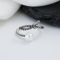 Sterling Silver Finger Ring, 925 Sterling Silver, with Plastic Pearl, Bowknot, Antique finish, fashion jewelry & for woman, 10mm 