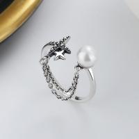 Sterling Silver Finger Ring, 925 Sterling Silver, with Plastic Pearl, Antique finish, fashion jewelry & for woman, 11mm 