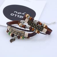 Cowhide Bracelets, with Wax Cord & Wood & Zinc Alloy, with 2.95inch extender chain, fashion jewelry & Unisex Approx 8.27 Inch, Approx 6.69 Inch 