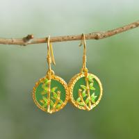 Gemstone Drop Earring, Brass, with Synthetic Jade, Bamboo, gold color plated, folk style & for woman & enamel 