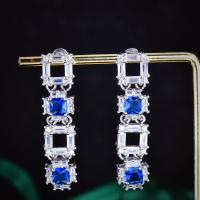 Boucle d'oreille goutte laiton strass, avec Perceuse à eau en verre, cadre, Placage de couleur platine, bijoux de mode & pour femme, bleu Vendu par paire