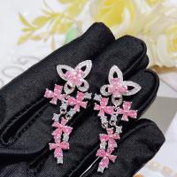 Rhinestone Brass Drop Earring, with Glass Rhinestone, Flower, platinum color plated, fashion jewelry & for woman, pink [