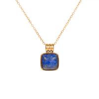 Titanium Steel Jewelry Necklace, with Blue Goldstone & Green Aventurine, with 2inch extender chain, Square, 18K gold plated, oval chain & for woman Approx 15.7 Inch 
