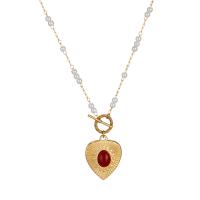Titanium Steel Jewelry Necklace, with Red Agate & Plastic Pearl, Heart, gold color plated, fashion jewelry & for woman 