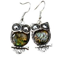 Freshwater Shell Earring, Zinc Alloy, with Shell, Owl, antique silver color plated, folk style & for woman & with rhinestone, 30mm [