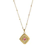 Titanium Steel Jewelry Necklace, with 2inch extender chain, Rhombus, 18K gold plated, fashion jewelry & for woman & with rhinestone & hollow Approx 15.7 Inch [