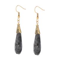 Gemstone Drop Earring, Labradorite, with Brass & 304 Stainless Steel, Teardrop, Vacuum Ion Plating, vintage & fashion jewelry & for woman, black, 15-80mm 