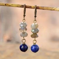 Gemstone Drop Earring, Moonstone, with Lapis Lazuli & Brass, antique bronze color plated, fashion jewelry & for woman & faceted, mixed colors, 70mm [