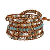 Gemstone Bracelets, with leather cord & Brass & Zinc Alloy, silver color plated, fashion jewelry & multilayer & Unisex, mixed colors Approx 85 cm 