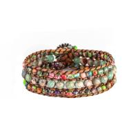 Impression Jasper Bracelet, with Koreite & Wax Cord & Zinc Alloy, Round, silver color plated, fashion jewelry & multilayer & Bohemian style & for woman, mixed colors Approx 17 cm 