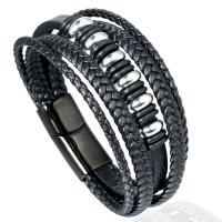 PU Leather Cord Bracelets, with 304 Stainless Steel, fashion jewelry & multilayer & Unisex, black Approx 8.27 Inch [