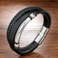 PU Leather Cord Bracelets, with 304 Stainless Steel, three layers & fashion jewelry & Unisex, black Approx 8.27 Inch [