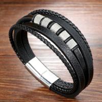 PU Leather Cord Bracelets, with 304 Stainless Steel, fashion jewelry & multilayer & Unisex, black Approx 8.27 Inch [