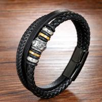 PU Leather Cord Bracelets, with 304 Stainless Steel, three layers & fashion jewelry & Unisex, black Approx 8.27 Inch [