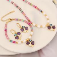 Evil Eye Jewelry Set, 304 Stainless Steel, with Natural Stone & Plastic Pearl & Brass, Flower, gold color plated & for woman & enamel & with rhinestone [