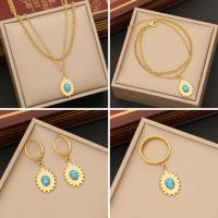 Turquoise Stainless Steel Jewelry Sets, 304 Stainless Steel, finger ring & bracelet & earring & necklace, with turquoise, with 2inch extender chain, gold color plated, Double Layer & 4 pieces & oval chain & for woman, 30mm, US Ring  Approx 15.7 Inch, Approx 7 Inch 