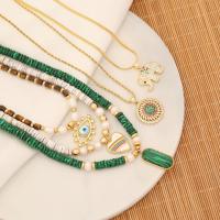 Evil Eye Jewelry Set, Brass, with Malachite & Tiger Eye & Shell & Plastic Pearl, with 2inch extender chain, gold color plated & micro pave cubic zirconia & for woman Approx 15.7 Inch [