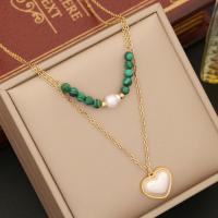 Gemstone Drop Earring, 304 Stainless Steel, with Malachite & Plastic Pearl, with 2inch extender chain, gold color plated, Double Layer & oval chain & for woman & with rhinestone Approx 15.7 Inch 