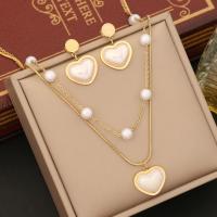 Fashion Stainless Steel Jewelry Sets, 304 Stainless Steel, with Plastic Pearl, Heart, gold color plated & for woman & with rhinestone 