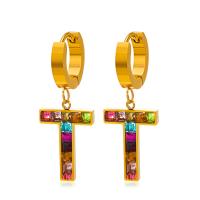 Huggie Hoop Drop Earring, 304 Stainless Steel, Letter T, gold color plated, for woman & enamel & with rhinestone 