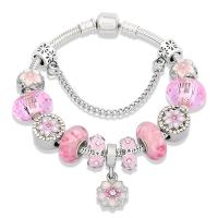 Brass Chain European Bracelets, with Crystal & Lampwork, fashion jewelry & Unisex, pink [