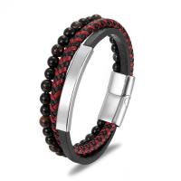 bracelet de cordon en PU , cuir PU, avec Aimant & lave volcanique & acier inoxydable 316L, fait à la main, trois couches & bijoux de mode & unisexe, plus de couleurs à choisir .5 cm, Vendu par PC[