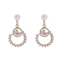 Freshwater Pearl Brass Earring, with Freshwater Pearl, gold color plated, fashion jewelry & micro pave cubic zirconia & for woman, rose gold color [