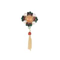 Freshwater Pearl Brooch, Brass, with Yellow Calcedony & Jadeite & Tiger Eye & Red Agate & Freshwater Pearl & Garnet, gold color plated, fashion jewelry & for woman, multi-colored 