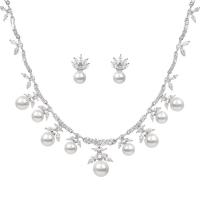 Cubic Zirconia Zinc Alloy Jewelry Sets, Stud Earring & necklace, with Plastic Pearl, platinum color plated, micro pave cubic zirconia & for woman, 2.3cm cm [