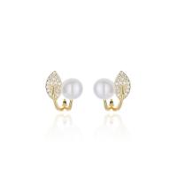 Cubic Zirconia Micro Pave Sterling Silver Earring, 925 Sterling Silver, with Shell Pearl, Leaf, plated, micro pave cubic zirconia & for woman 7-7.5mm [