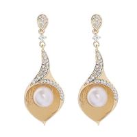 Freshwater Pearl Brass Earring, with Freshwater Pearl, gold color plated, fashion jewelry & for woman & with rhinestone, two different colored [