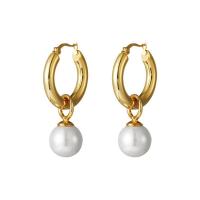 Freshwater Pearl Brass Earring, with Brass, Round, 18K gold plated, fashion jewelry & for woman [