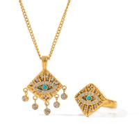 Evil Eye Jewelry Set, 304 Stainless Steel, with Malachite, with 2.17inch extender chain, 18K gold plated  & for woman & with cubic zirconia, golden, 30.5mm,16.6mm Approx 16.34 Inch [