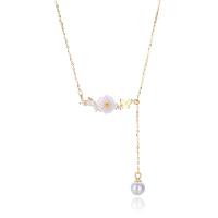Cubic Zirconia Micro Pave Sterling Silver Necklace, 925 Sterling Silver, with Shell Pearl & White Shell, with 1.2inch extender chain, Flower, plated, oval chain & micro pave cubic zirconia & for woman 25.3mm Approx 16.5 Inch [