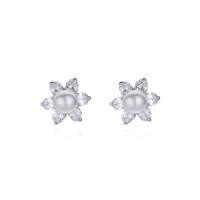 Cubic Zirconia Micro Pave Sterling Silver Earring, 925 Sterling Silver, with Freshwater Pearl, Flower, silver color plated, fashion jewelry & micro pave cubic zirconia & for woman, 7.5mm 