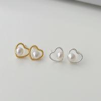 Sterling Silver Natural Pearl Stud Earring, 925 Sterling Silver, with Freshwater Pearl, Heart, plated, for woman & hollow [