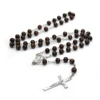 Rosary Necklace, bois, avec alliage de zinc, croix, Placage de couleur argentée, bijoux de mode & unisexe, brun, 8mm Environ 52 cm, Vendu par PC