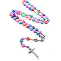 Rosary Necklace, Polymer Clay, with Zinc Alloy, Cross, silver color plated, fashion jewelry & Unisex & pearlized, multi-colored, 8mm  Approx 78 cm 