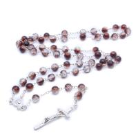 Rosary Necklace, Glass Beads, with Zinc Alloy, Cross, silver color plated, fashion jewelry & Unisex & pearlized, coffee color, 8mm  Approx 80 cm [