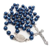 Rosary Necklace, Glass Beads, with Zinc Alloy, Cross, silver color plated, fashion jewelry & Unisex, sapphire  Approx 57 cm 