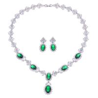 Cubic Zirconia Zinc Alloy Jewelry Sets, earring & necklace, platinum color plated, micro pave cubic zirconia & for woman, green, 4.1cm,3cm .5 cm [